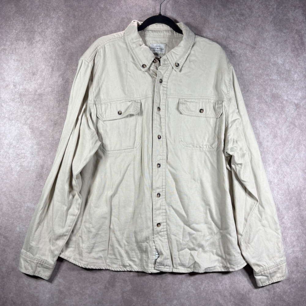 Lucky Brand Button Down Utility Shirt Mens XXL Beige Long Sleeve Cotton Twill